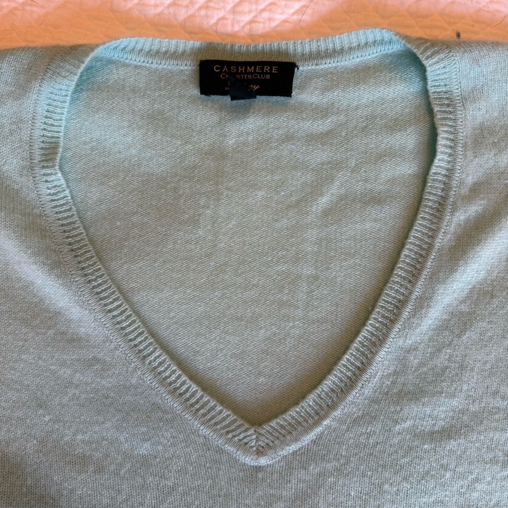 Charter Club 100% Cashmere V-Neck Sweater Light Aqua Blue